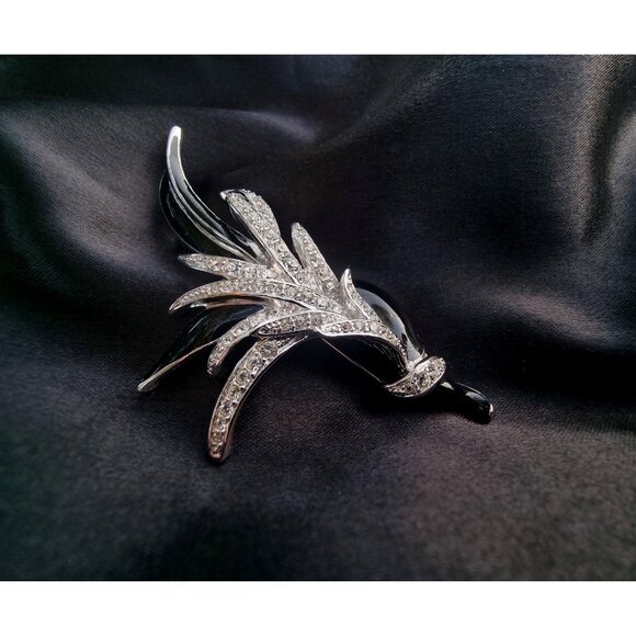 Vintage NOLAN MILLER Black and White Clear Rhinestones Silver Tone Figural Bird - Picture 3 of 6